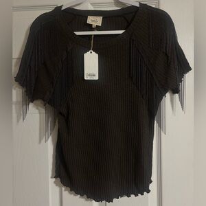 Charcoal Grey Ribbed Chain Detail Top